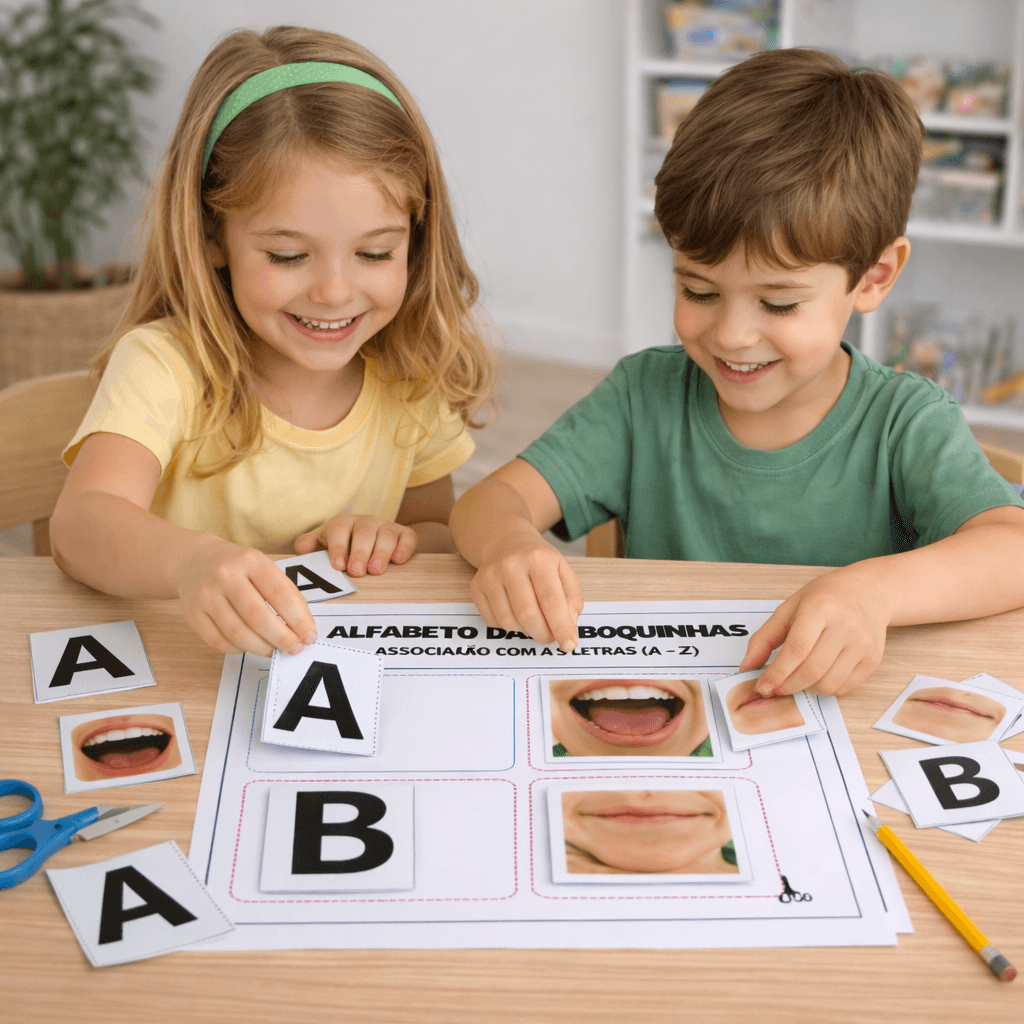 Crianças realizando atividade de alfabetização com letras e boquinhas fonológicas em sala de aula